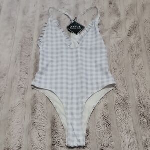 Zaful White, Blue and Gray Checkered Swimsuit